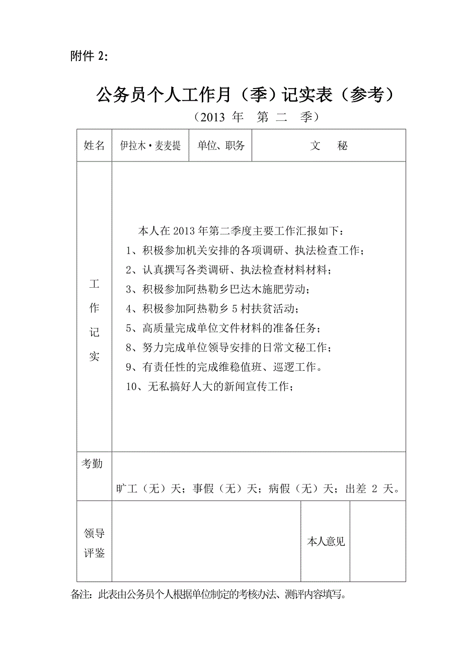 公务员个人工作月记实表2