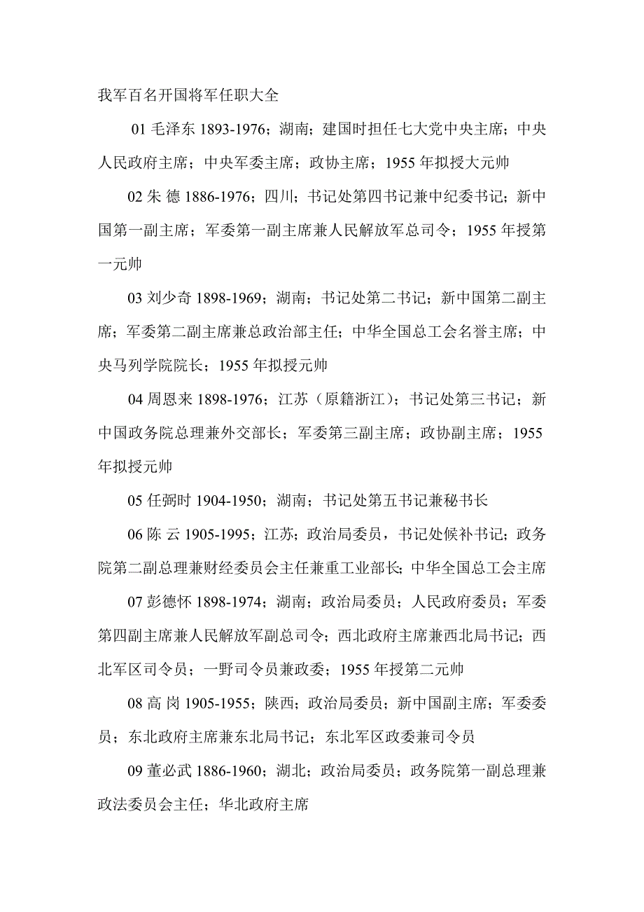 我军百名开国将军任职大全