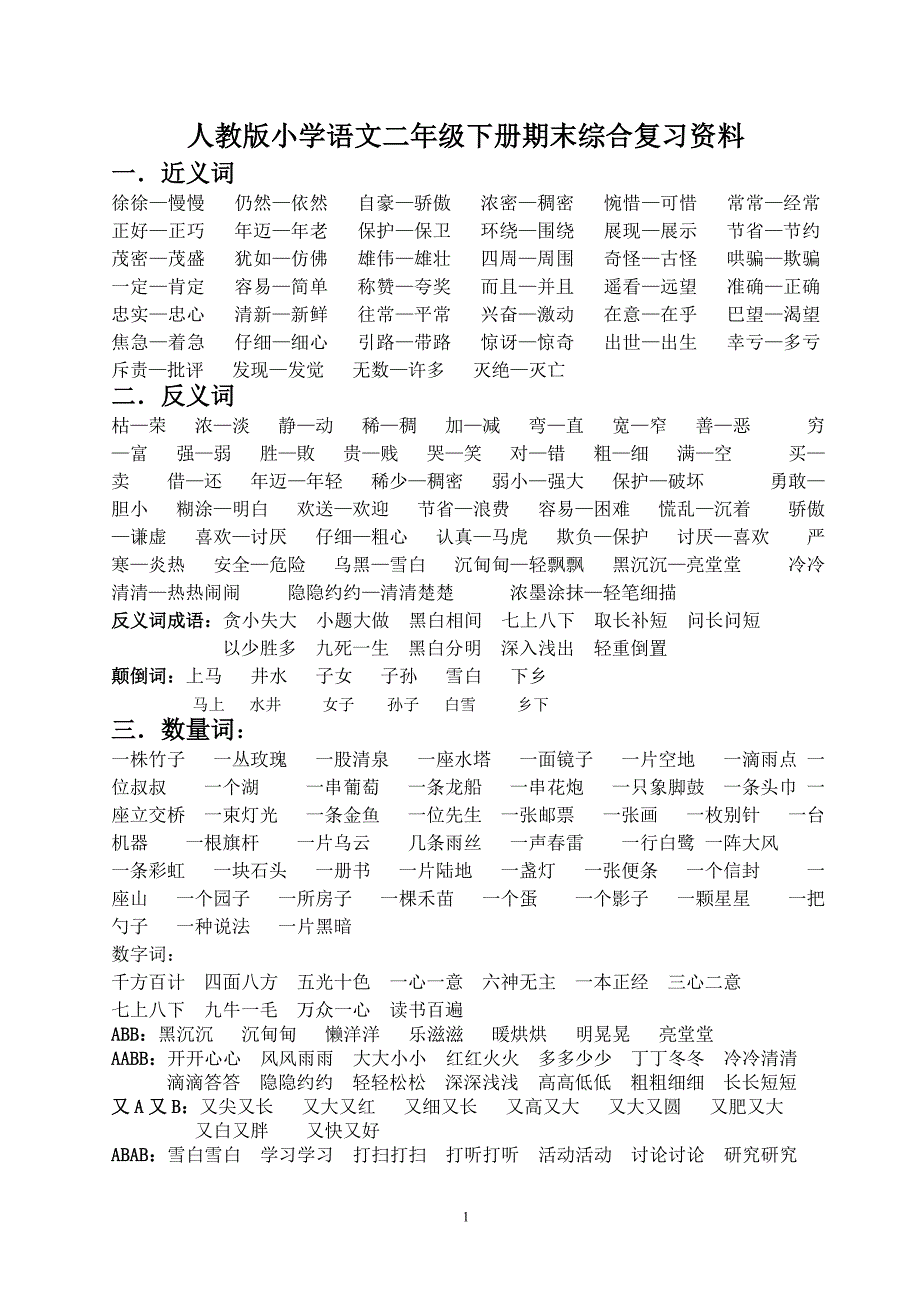 人教版小学二年级下册语文期末综合复习资料