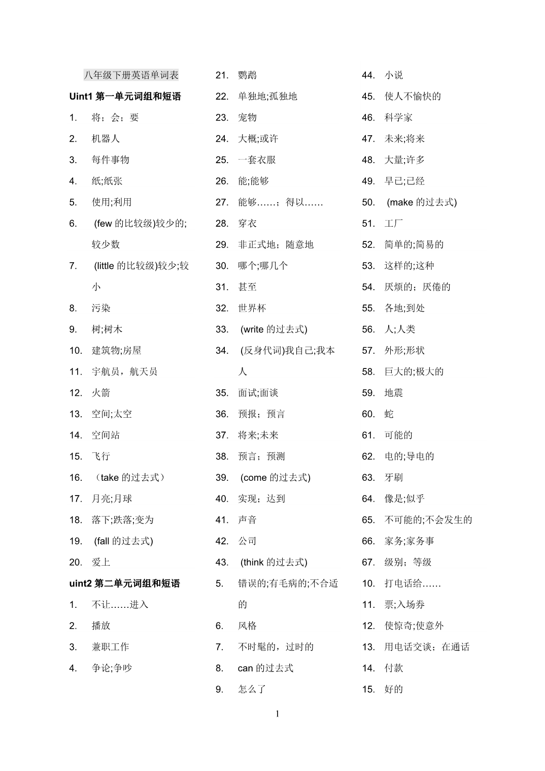 八年级下册英语单词表中文版