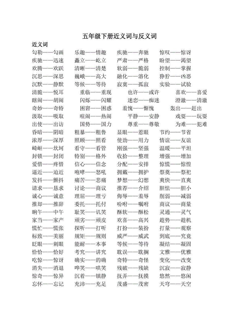 五年级下册成语近义词与反义词