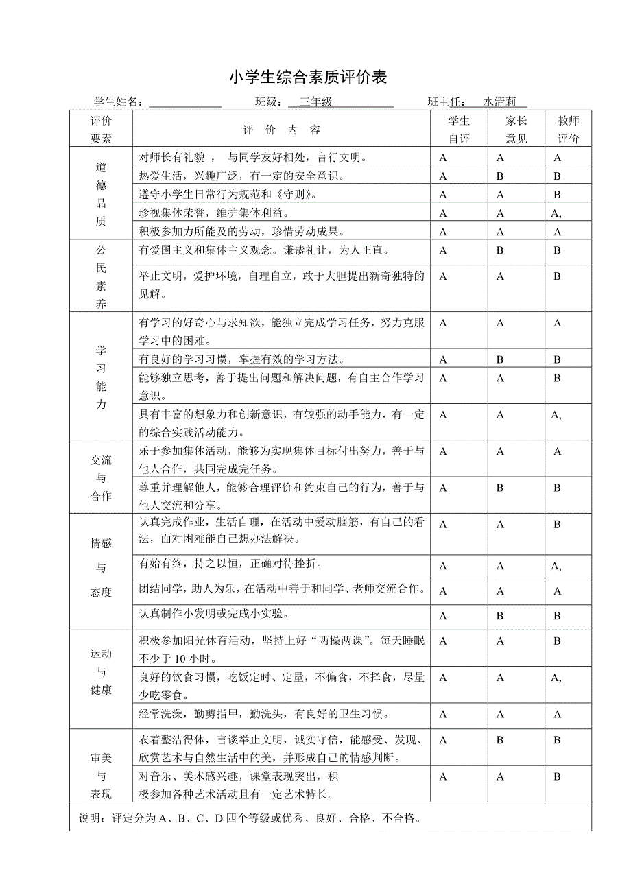 小学生综合素质评价表