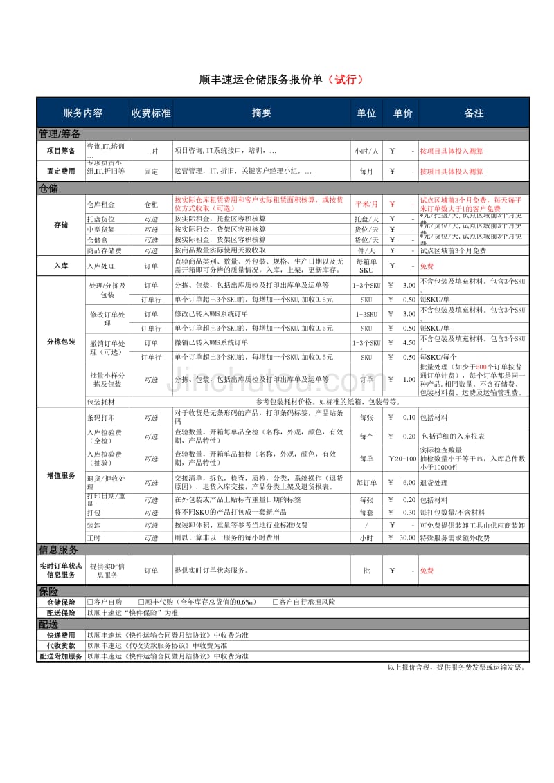 仓储收费报价表试行