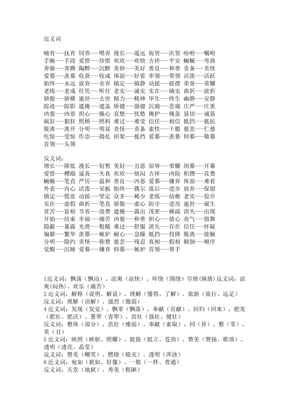 2014年最新人教新课标语文六年级语文下册近义词反义词归类