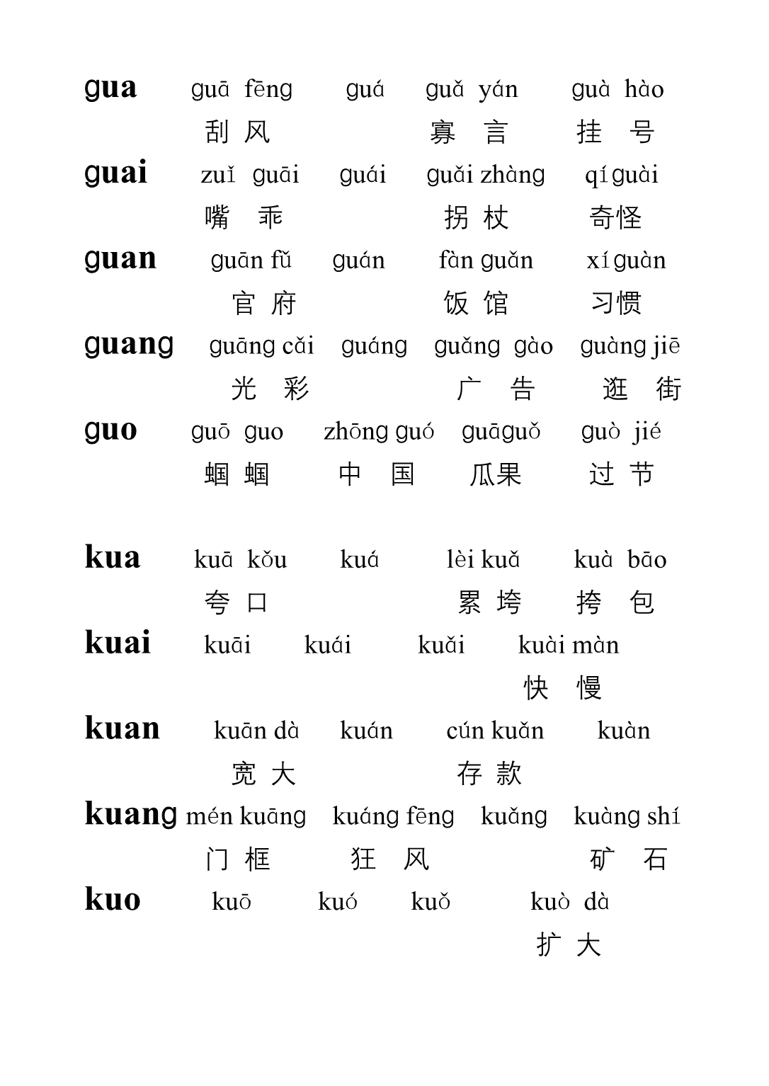 gkh三拼音节的拼音词语