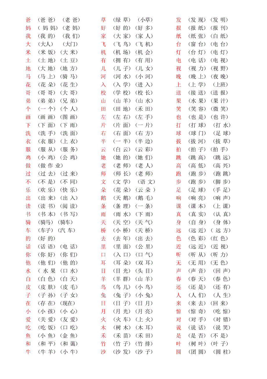 人教版語文一年級上冊生字組詞打印版全