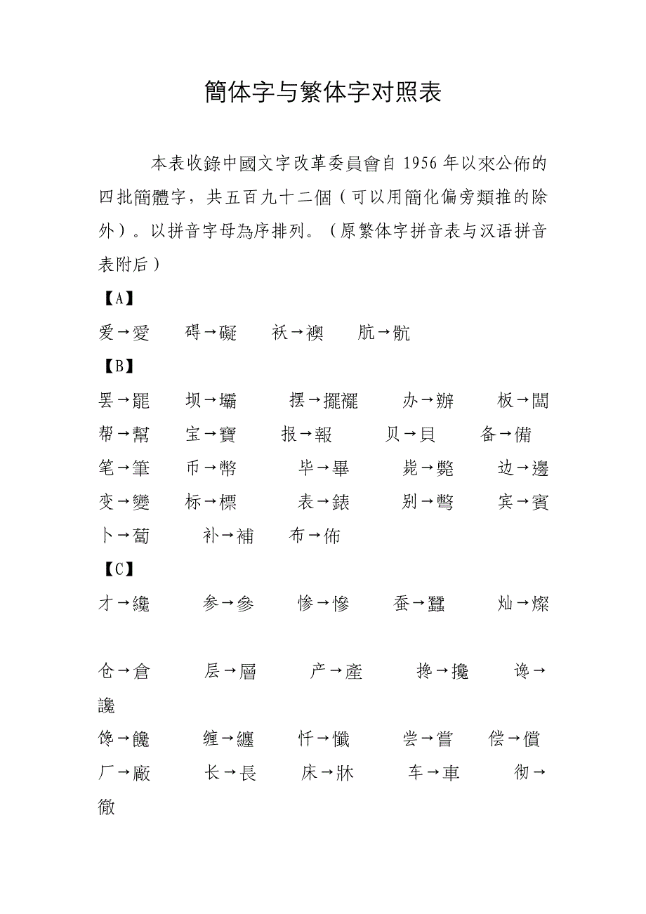 繁體字與簡體字對照表