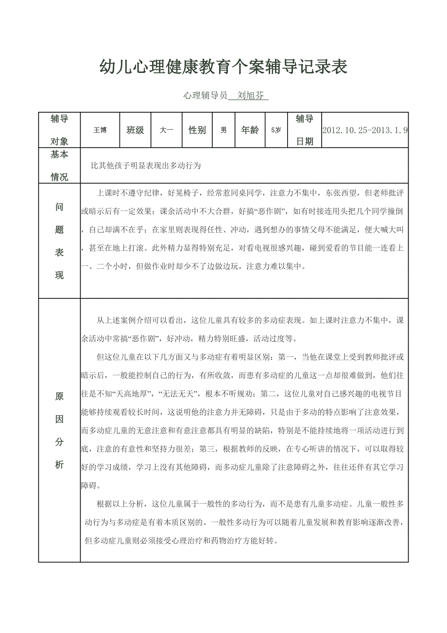 幼儿心理健康教育个案辅导记录表