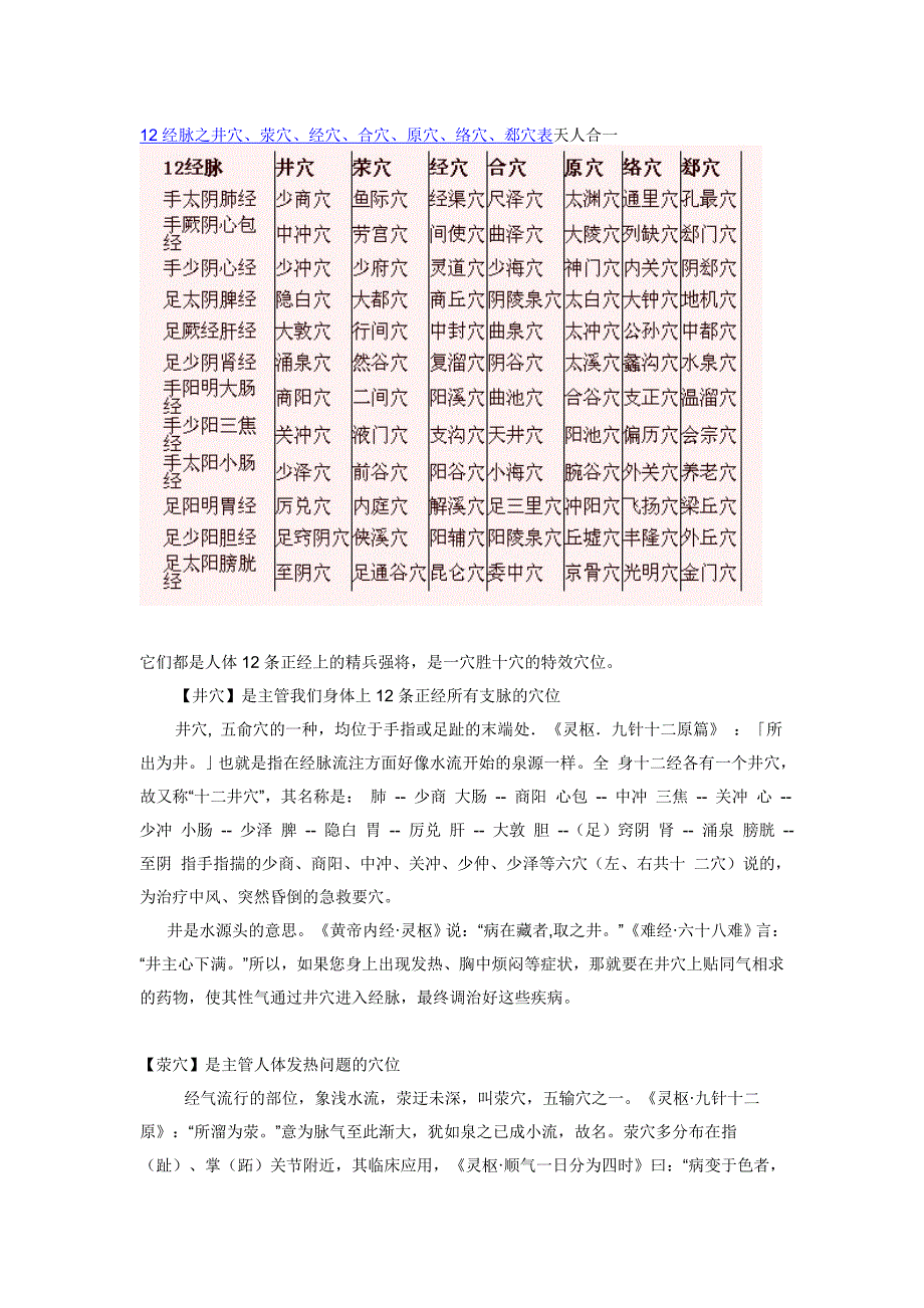 12经脉之井穴荥穴经穴合穴原穴络穴郄穴表