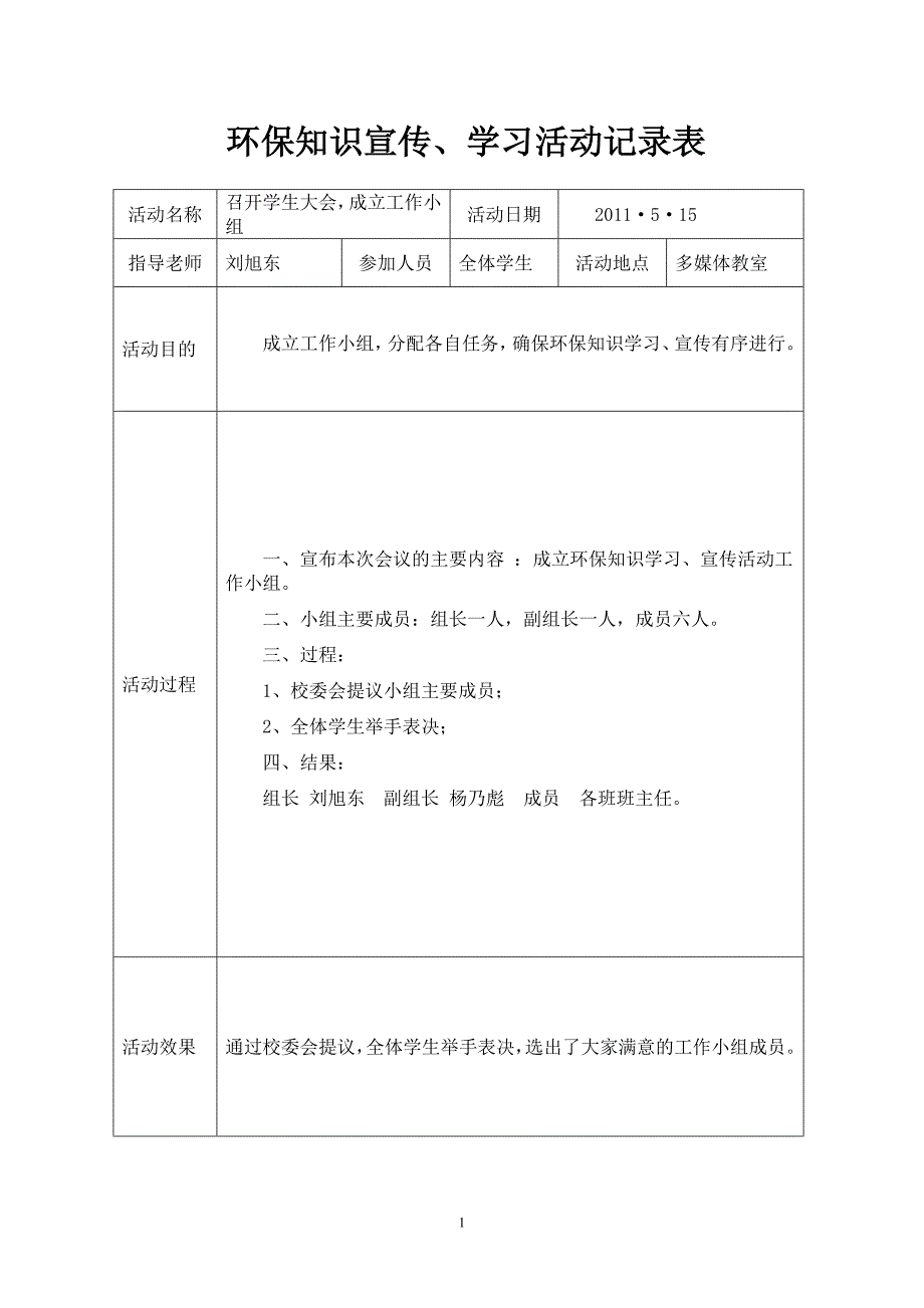 小學環保知識宣傳活動記錄表